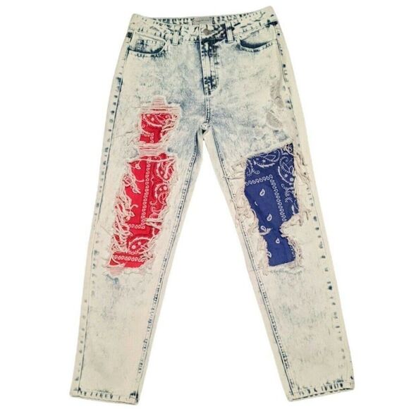 Uniq By Litz Distressed Jeans Patchwork Inset Acid Light Wash LP-40017B 26 - Picture 1 of 8